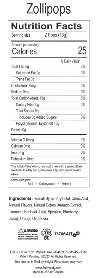 Close-up of Zollipops fruit-flavor lollipop highlighting natural sweetness.