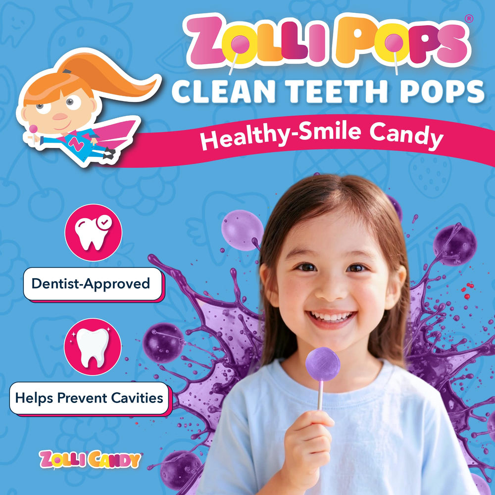 Zollipops grape pops in mouth emphasize fruity flavor and mouth-friendly sweetness.