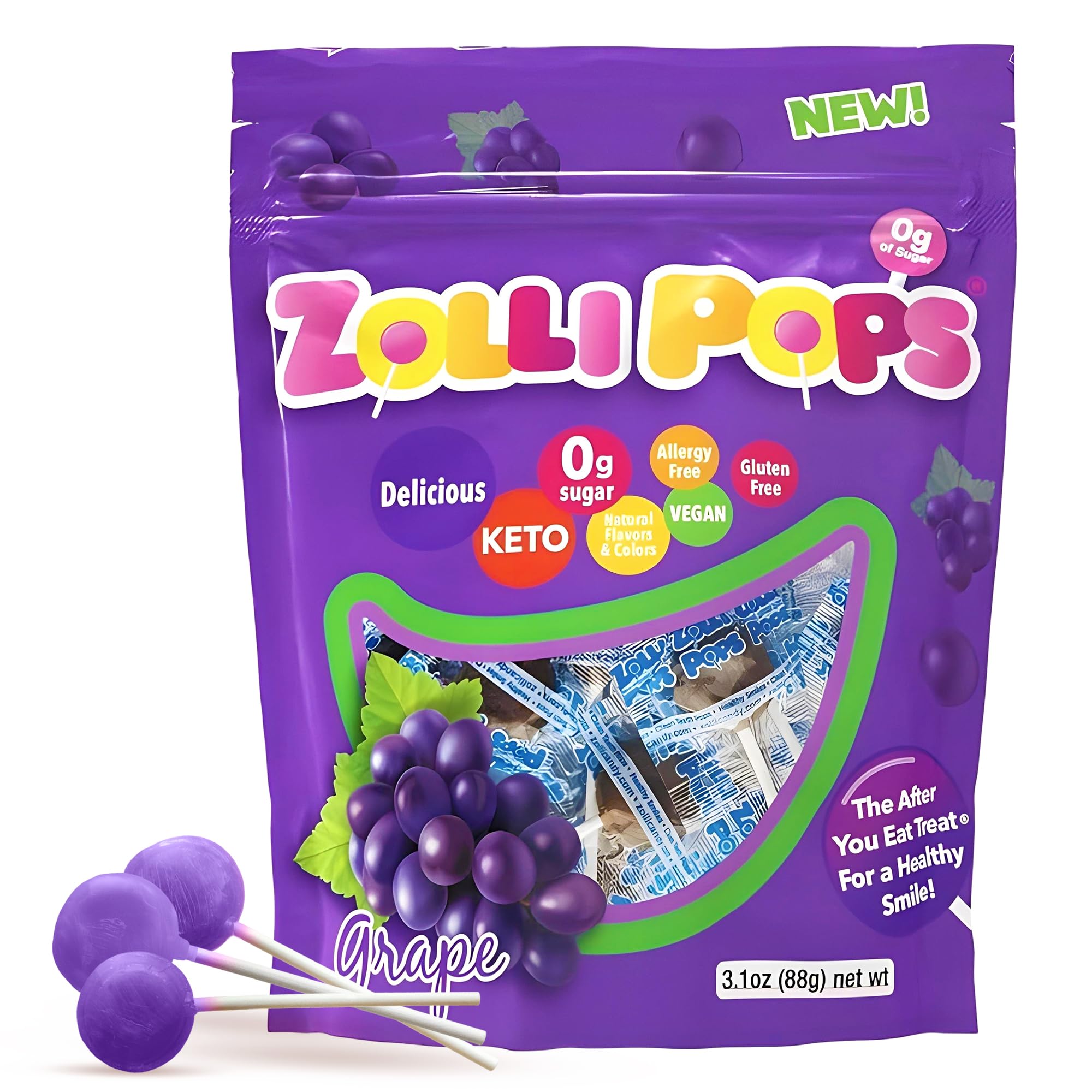 Zollipops grape pops packaging highlights dye-free, sugar-free treat for healthy smiles.