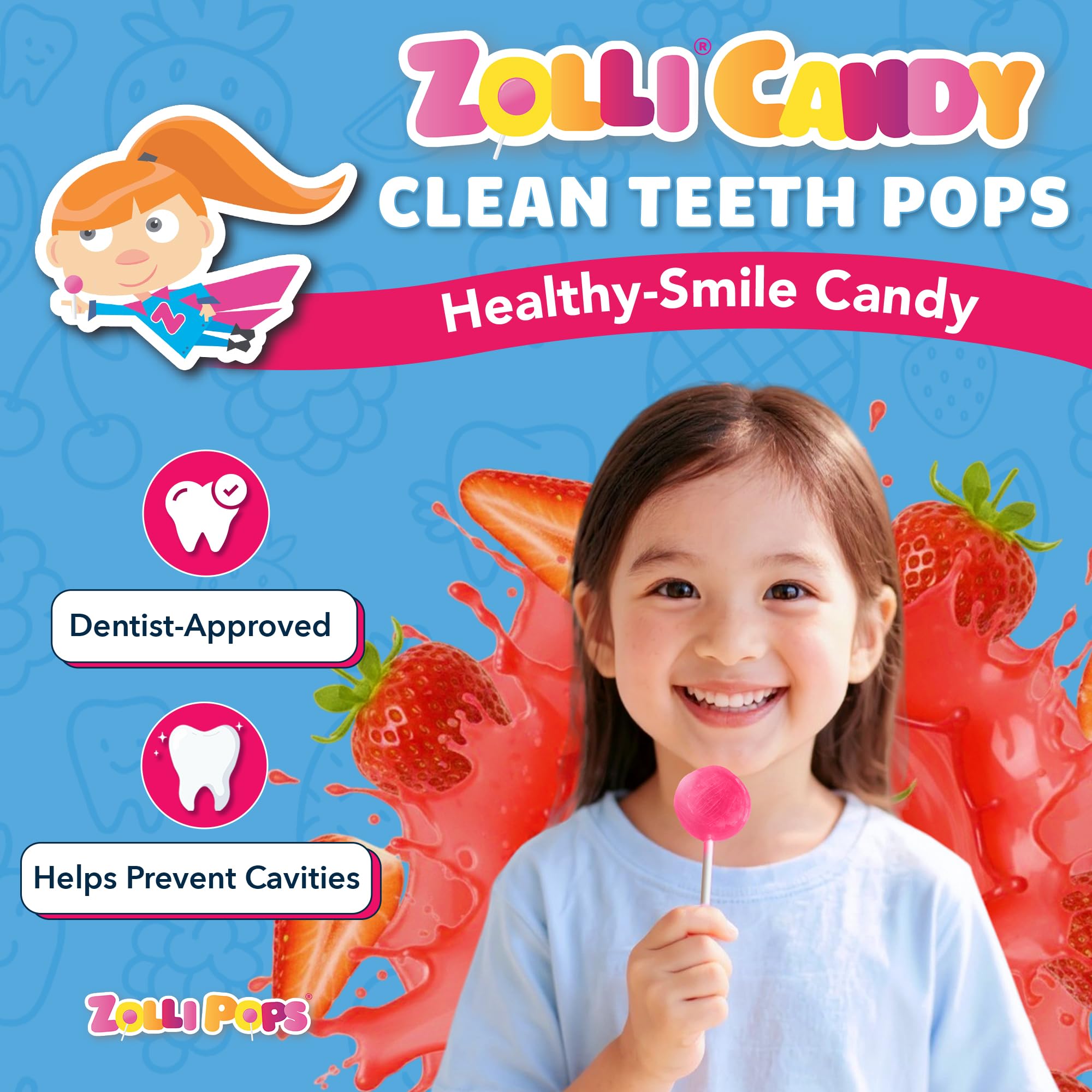 Zollipops ingredient graphic highlights xylitol and stevia.