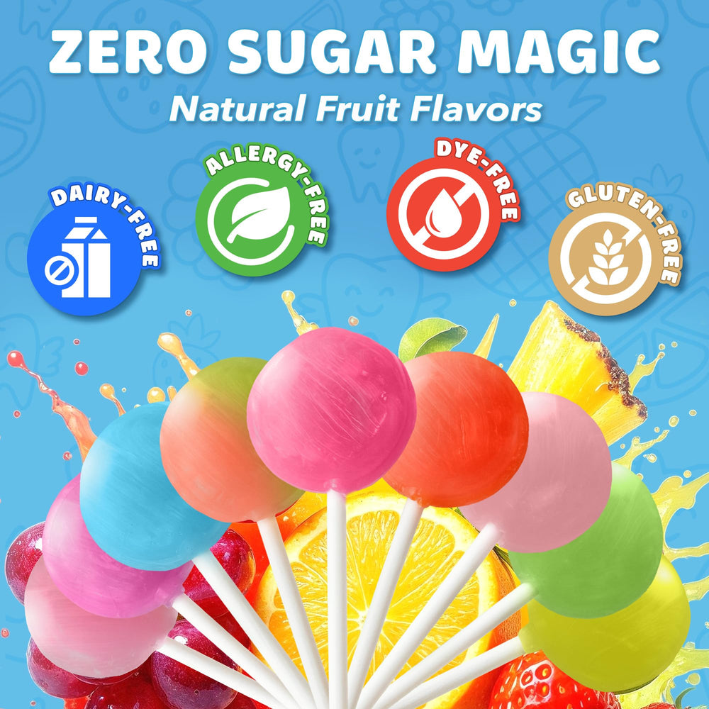 Graphic of xylitol and stevia highlighting sugar-free formula in Zollipops.