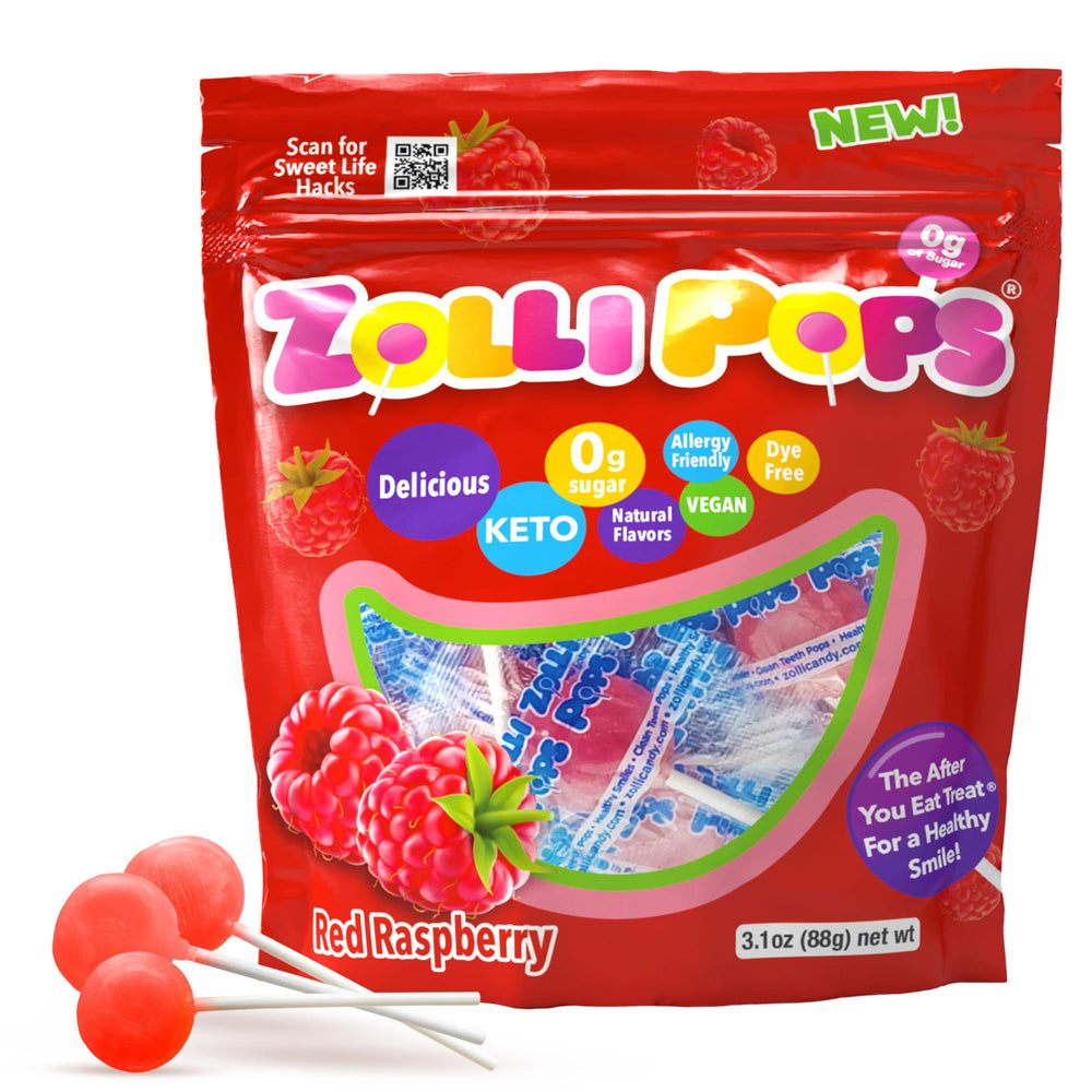 Zollipops Raspberry Clean Teeth Pop in wrapper post-meal freshness.