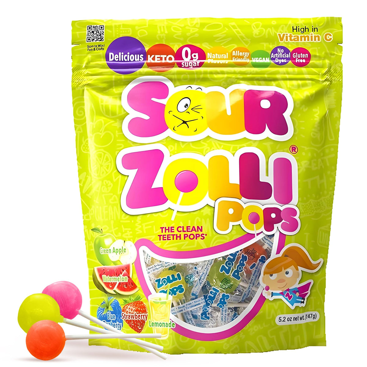 Zollipops Sour Clean Teeth Pops packaging shows a sugar-free treat for kids.