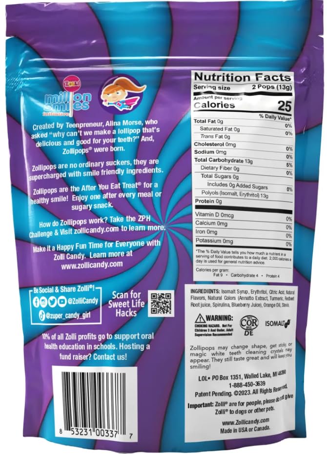 Zollipops sugar-free lollipops with natural flavors for everyday guilt-free treats.