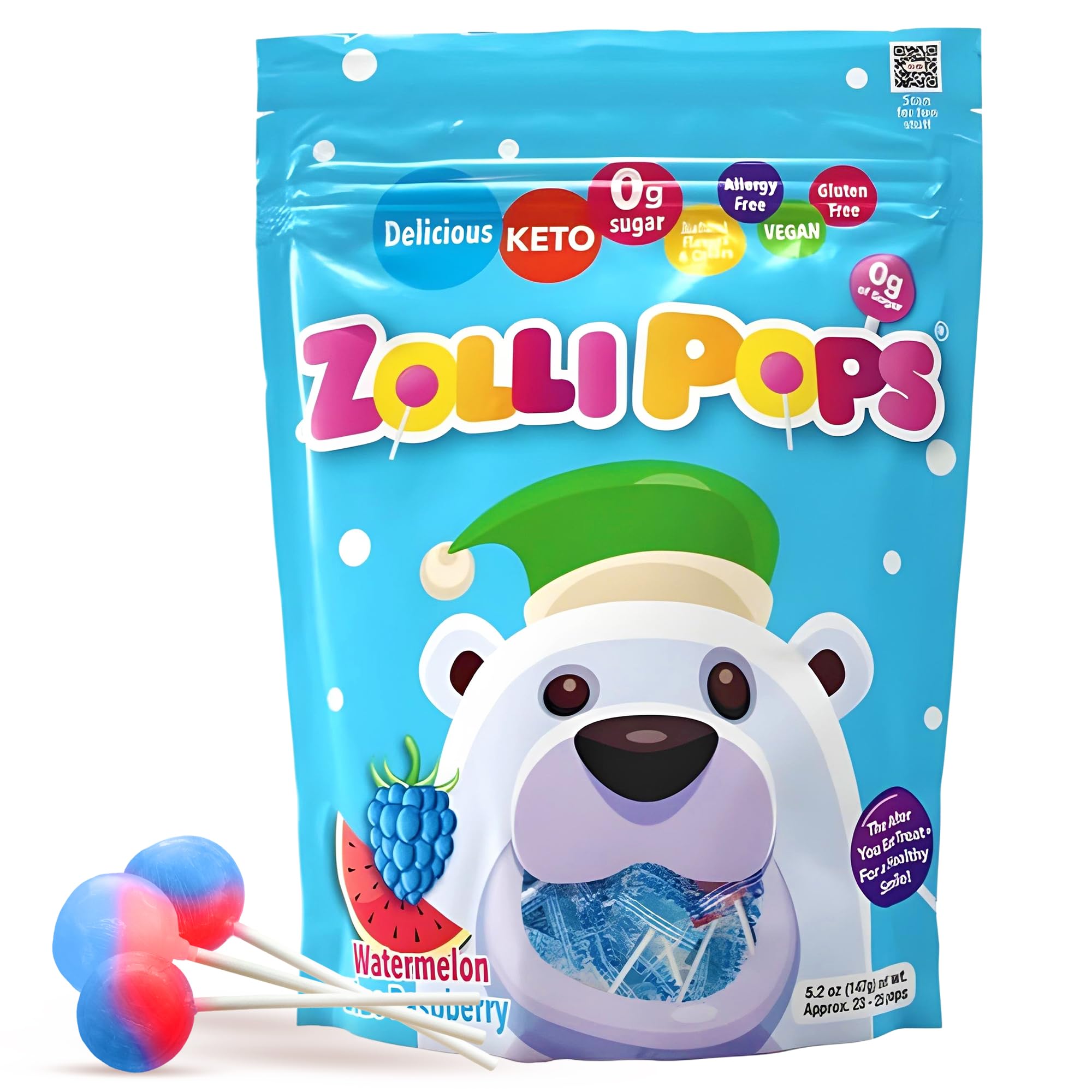 Zollipops Watermelon-Blue Raspberry pops, sugar-free and dentist-approved for healthier smiles after meals.