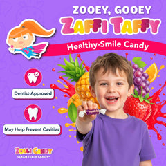 Zollipops Zaffi Taffy after-meal treat highlighting a mouth-friendly sugar-free option.