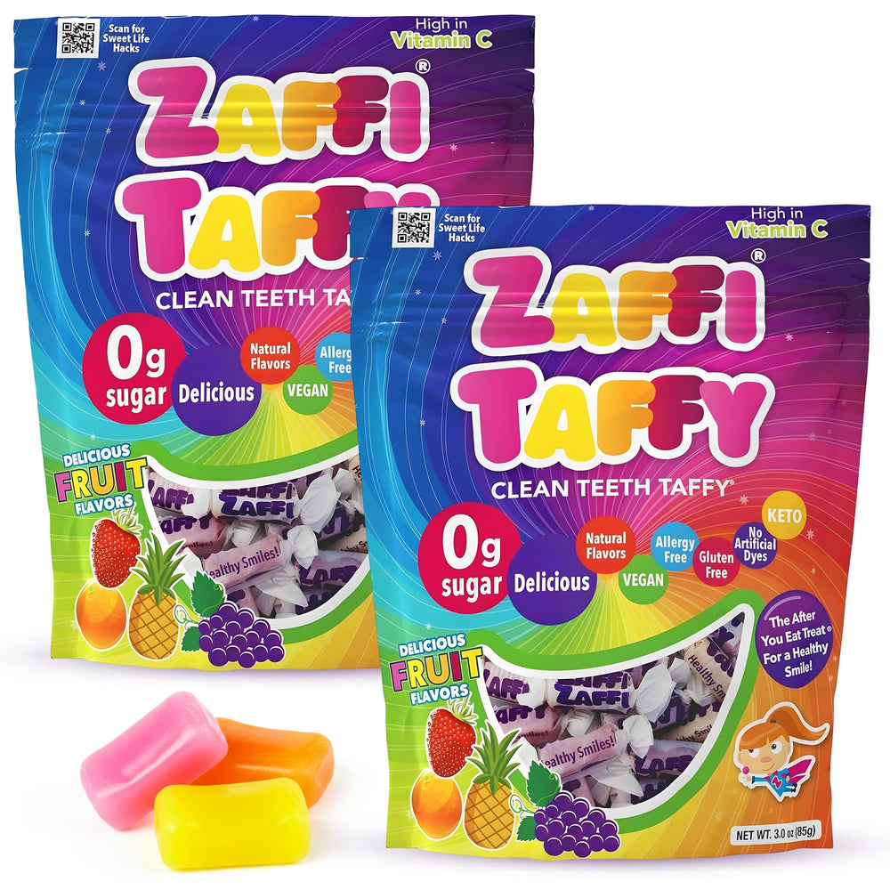 Zaffi Taffy fruity flavor sugar-free candy, dentist-approved.