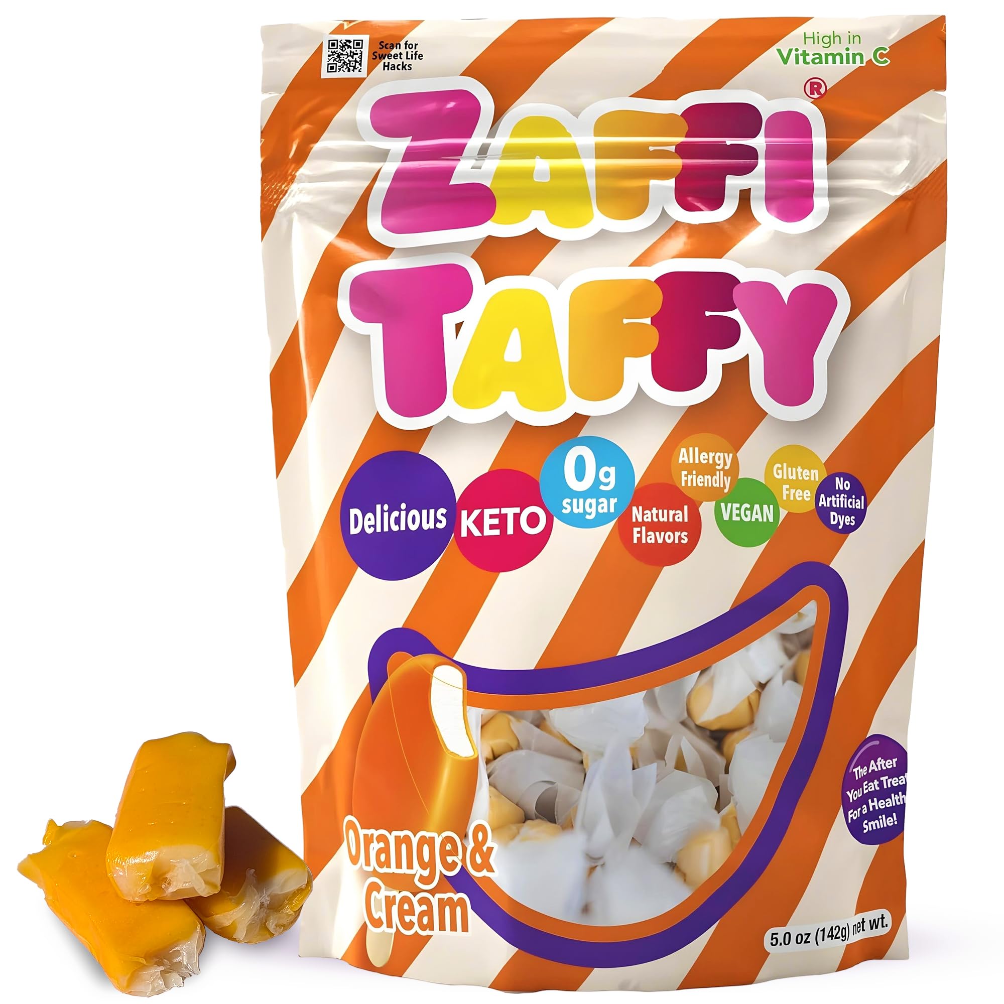 Zollipops Zaffi Taffy Orange Cream bag: dye-free, sugar-free candy for kids.