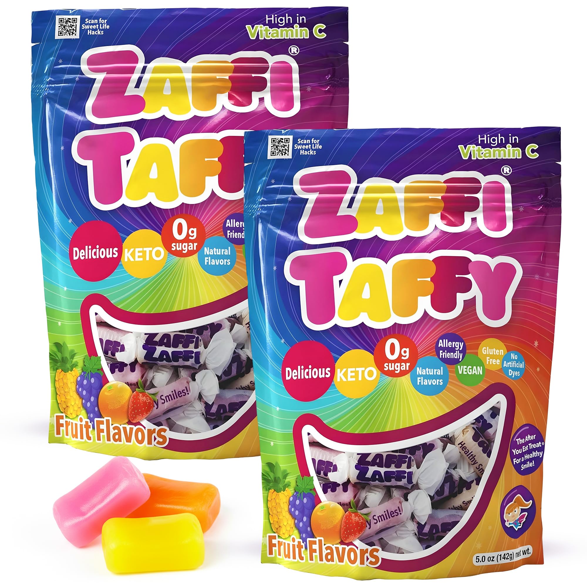 Zollipops Zaffi Taffy pack shot: dye-free sugar-free candy for kids' healthy smiles.