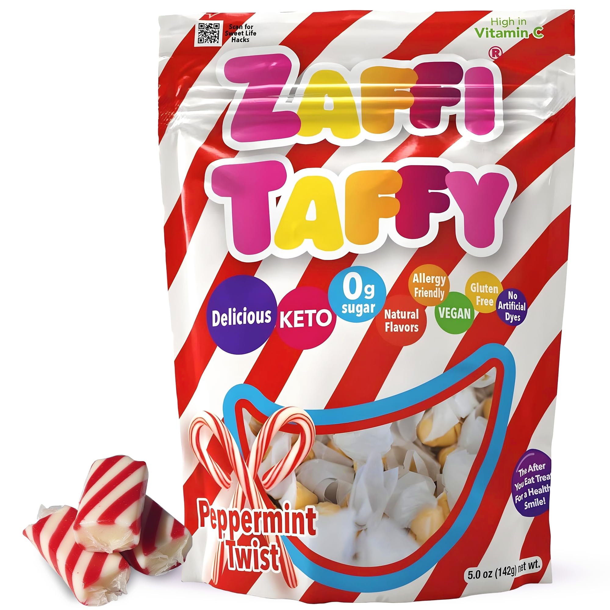 Zollipops Zaffi Taffy peppermint twist bag highlights dye-free, keto-friendly candy.