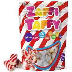 Zollipops Zaffi Taffy peppermint twist bag highlights dye-free, keto-friendly candy.