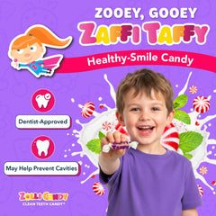 Chewy Zaffi Taffy peppermint twist close-up ideal after meals for fresher breath.