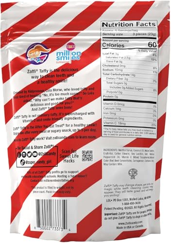 Close-up of Zaffi Taffy packaging emphasizing natural flavors and dye-free formula.
