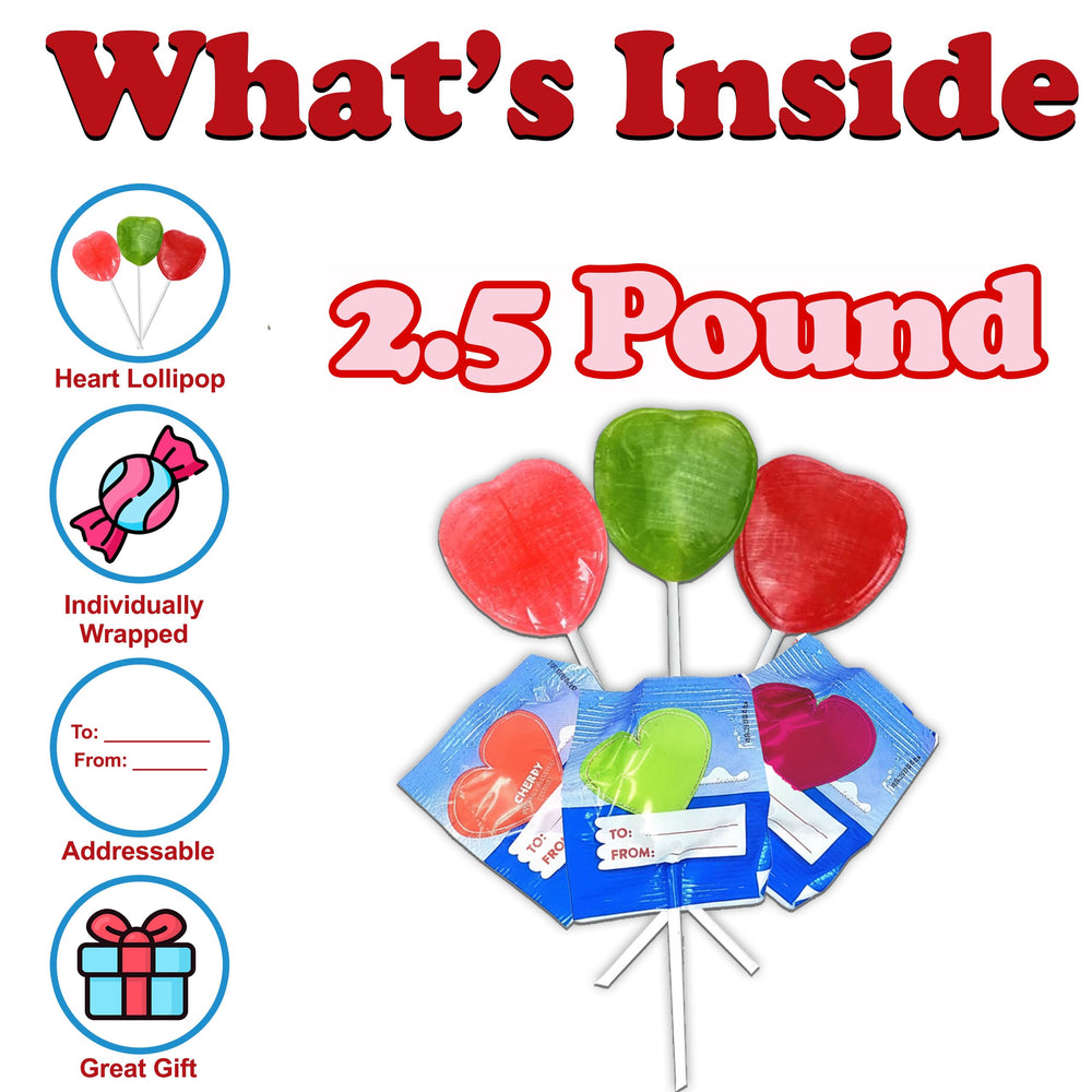 ZompoZ individually wrapped heart lollipops ideal for mess-free sharing and classroom exchanges.