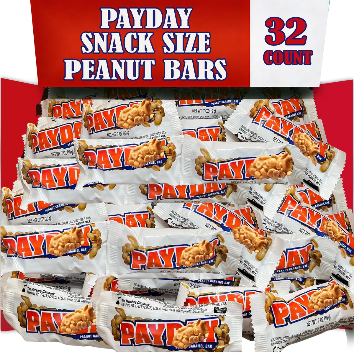 ZompoZ PaydayPeanut bars 32-pack packaging, ideal bulk office snacks and party favors.