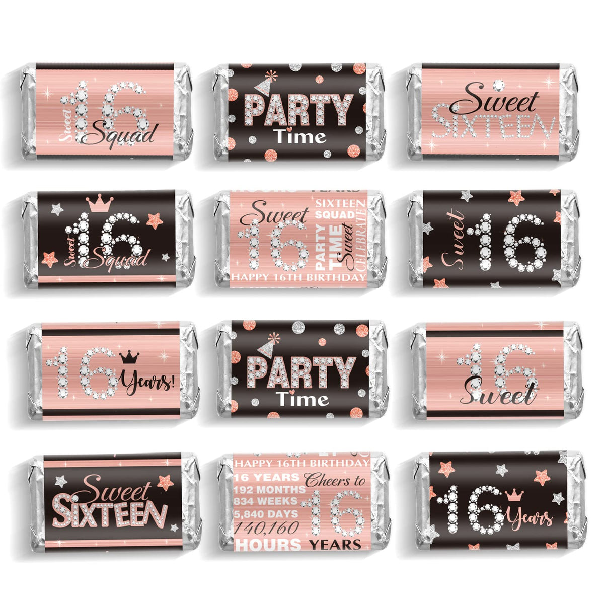 Zonon Sweet 16 mini wrappers in pink and black for polished party decor.