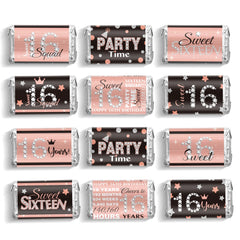 Zonon Sweet 16 mini wrappers in pink and black for polished party decor.