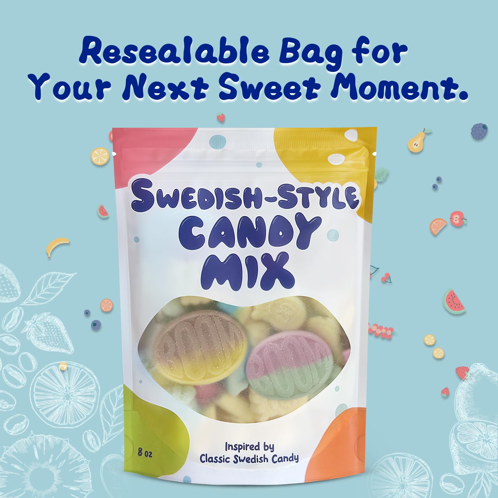Zontixyrl Swedish Candy Mix resealable bag—easy storage and on-the-go snacking.