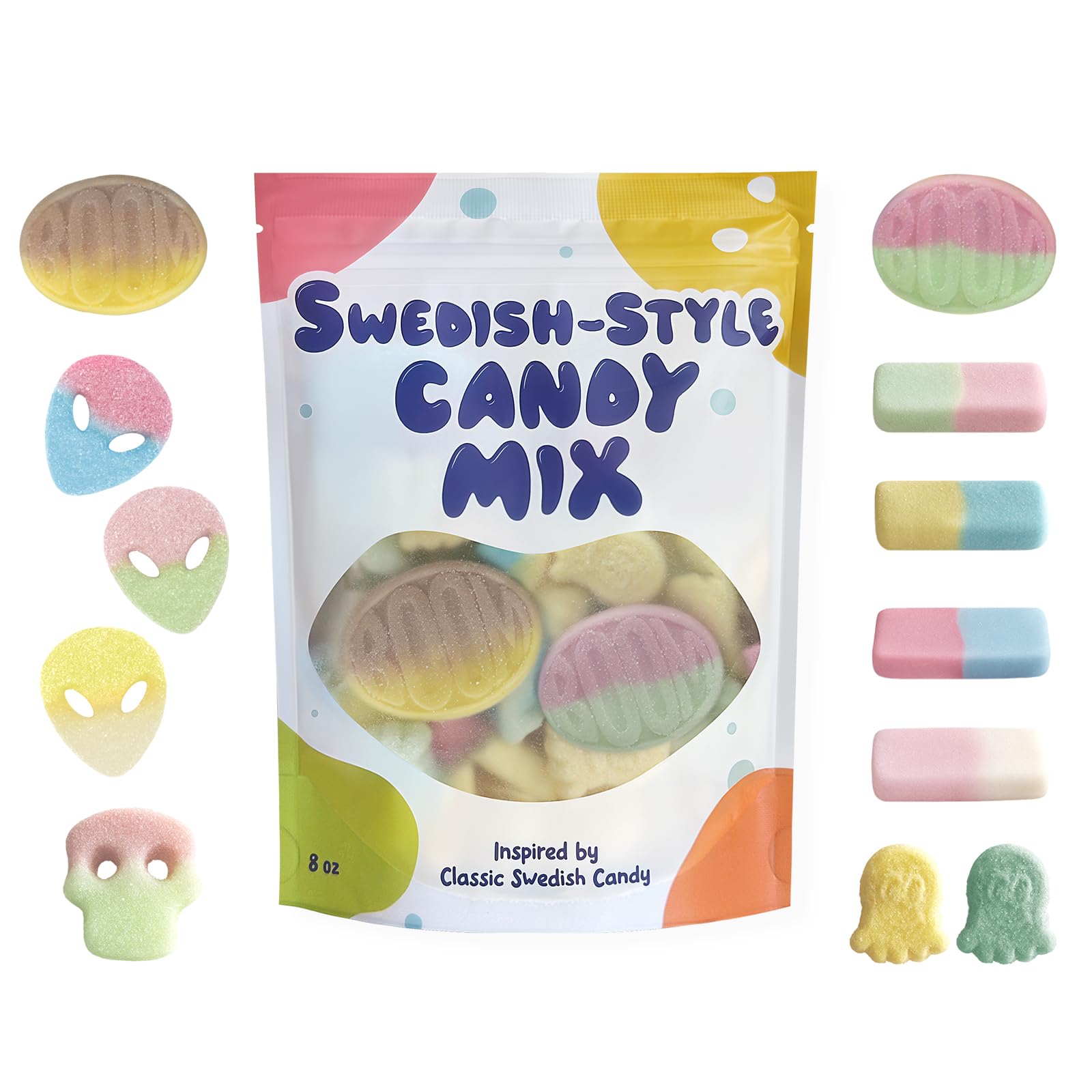 Zontixyrl Swedish Candy Mix shells—colorful bite-sized shapes ideal for sharing.