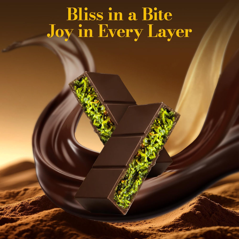Zorentique creamy pistachio filling contrasts with silky chocolate texture