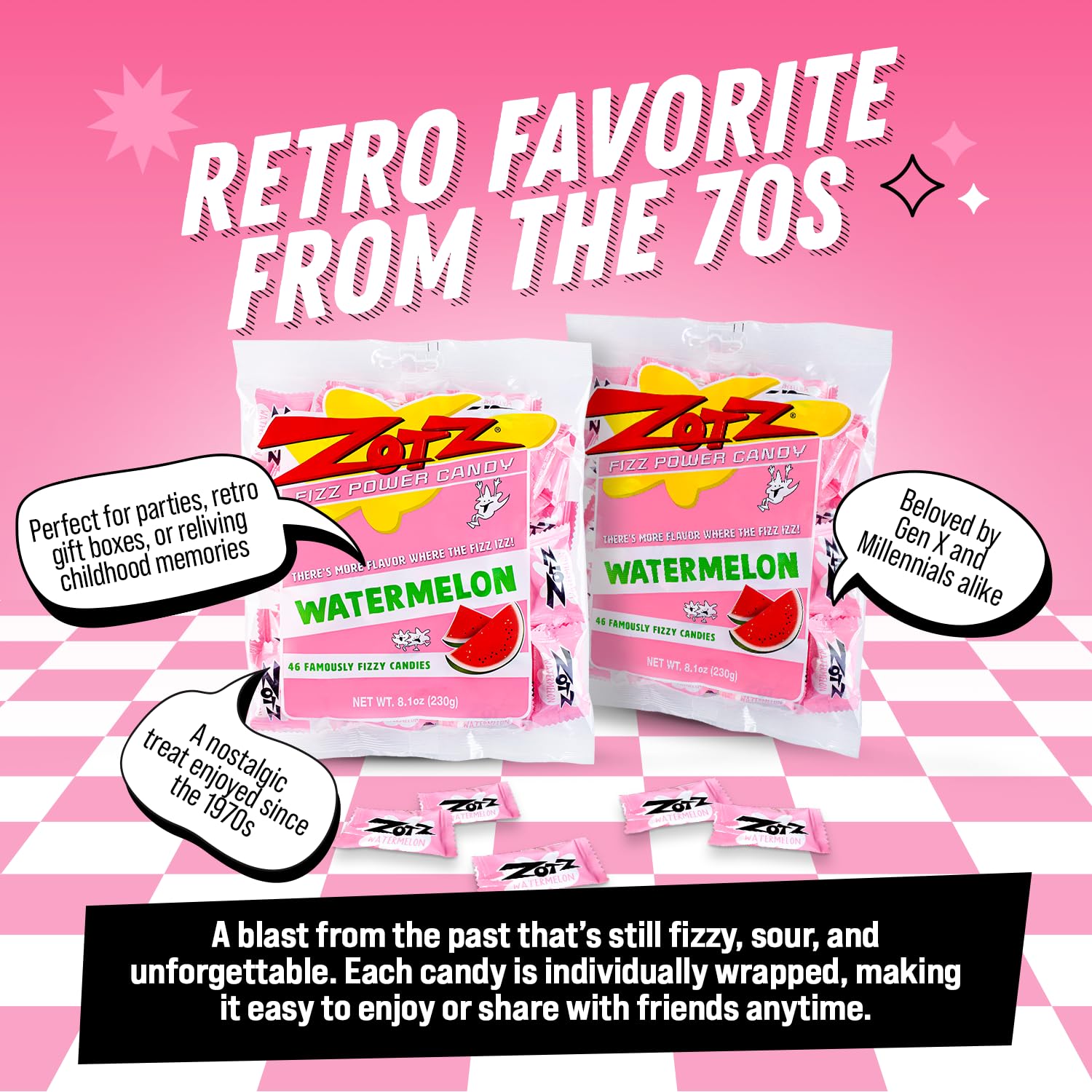 Zotz assorted fruit flavors show a colorful variety for sharing.