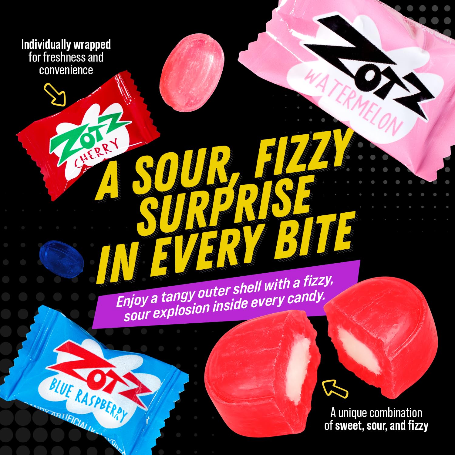 Zotz Blue Raspberry flavor candy close-up showcasing bright blue shell and fizzy core.