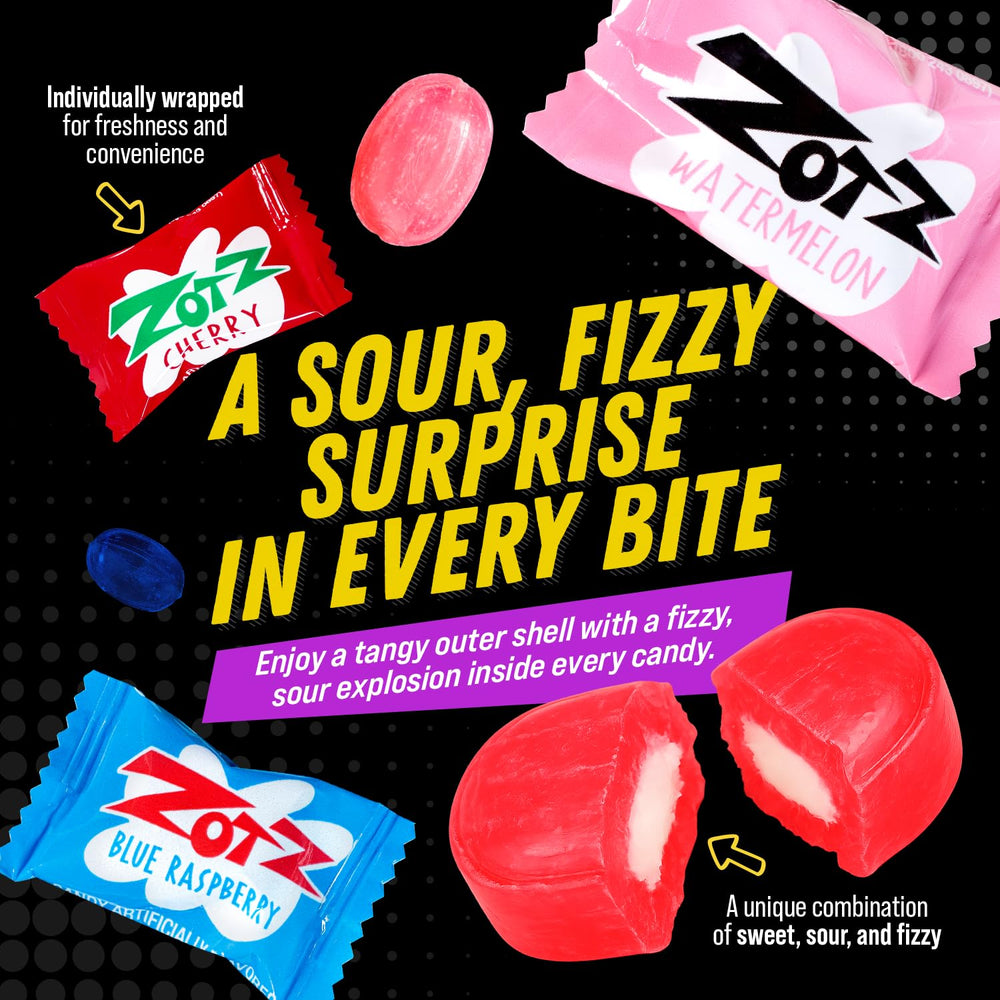 Zotz Blue Raspberry flavor candy close-up showcasing bright blue shell and fizzy core.
