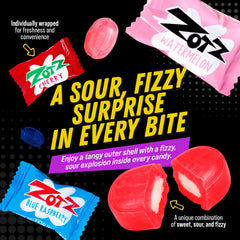 Zotz Blue Raspberry flavor candy close-up showcasing bright blue shell and fizzy core.