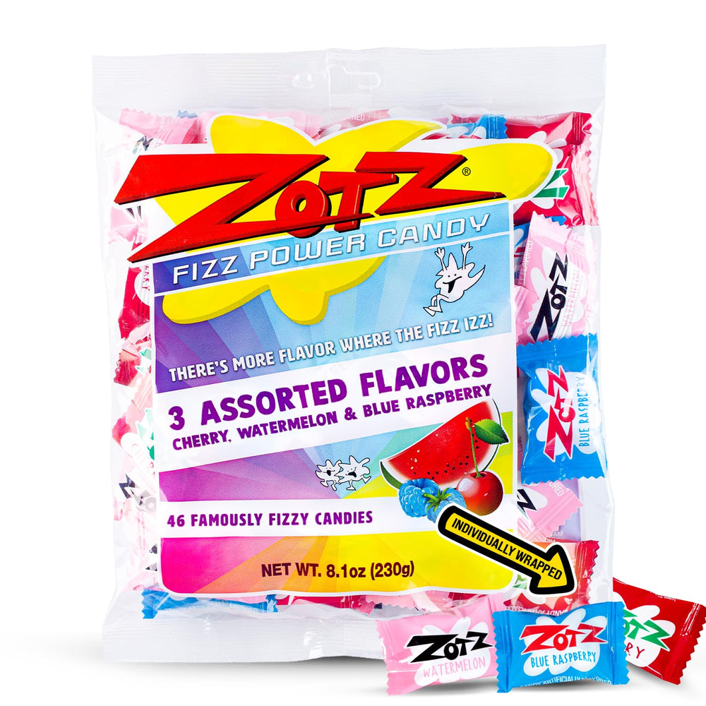 Zotz Fizzy Candy assorted 46 units package with colorful retro candies and fizzy centers.