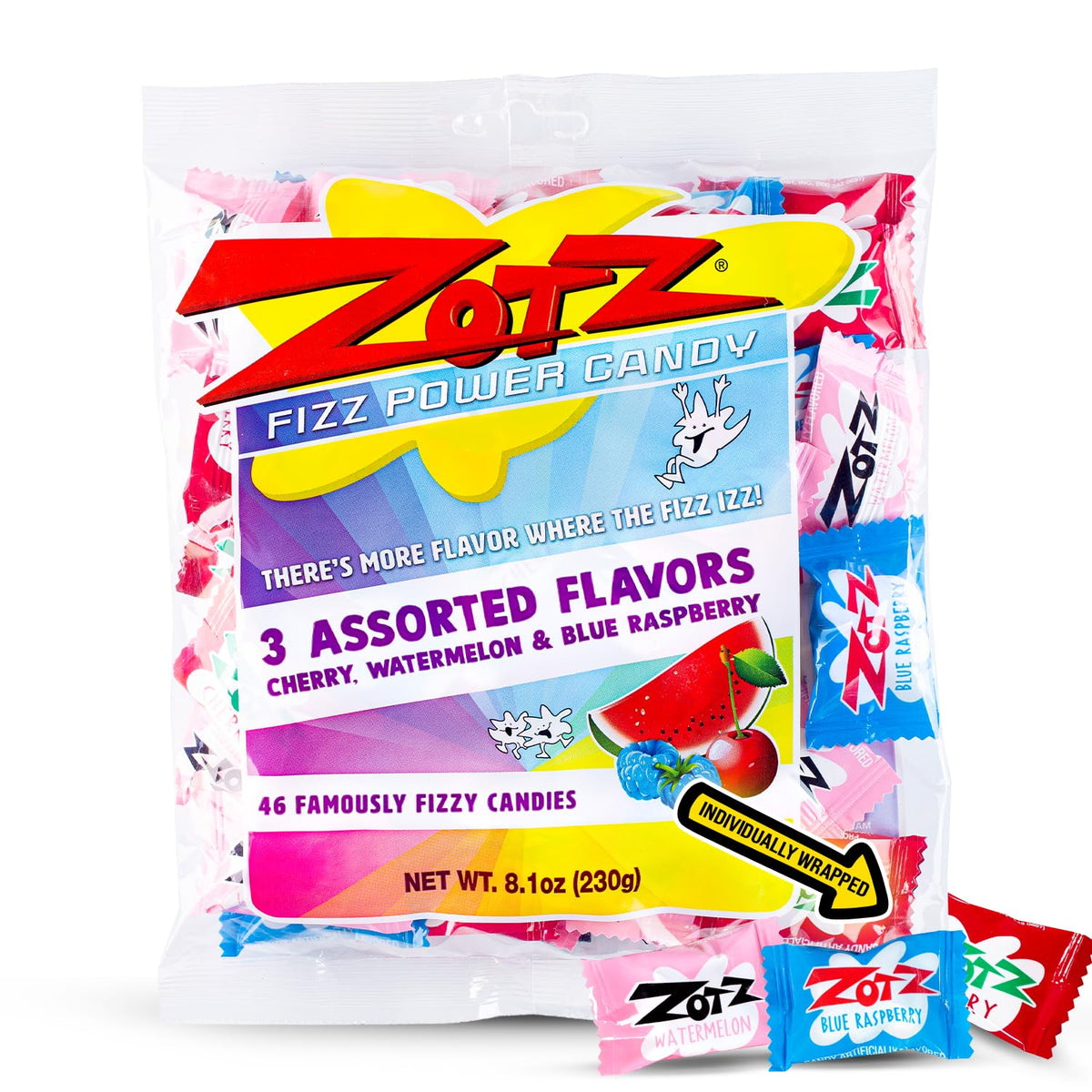 Zotz Fizzy Candy assorted 46 units package with colorful retro candies and fizzy centers.