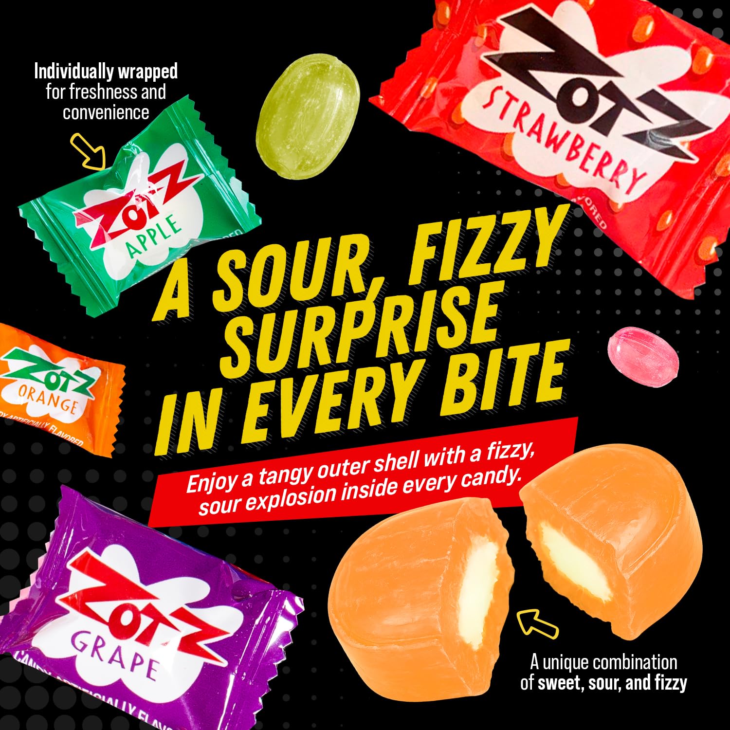 Zotz strawberry flavor candy with sweet shell and fizz