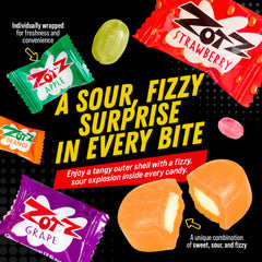 Zotz strawberry flavor with fizz center, family-friendly treat.