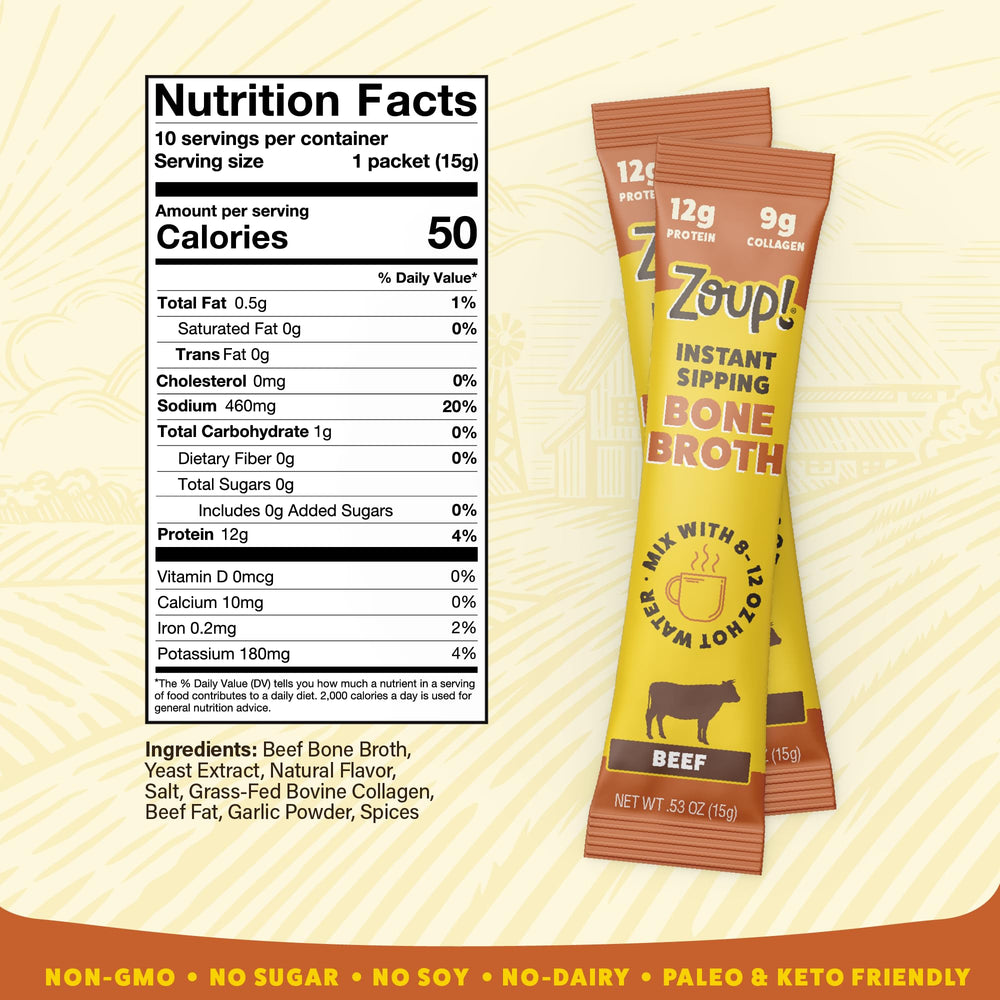 Zoup! bone broth shows 12g protein per serving for post-workout recovery.