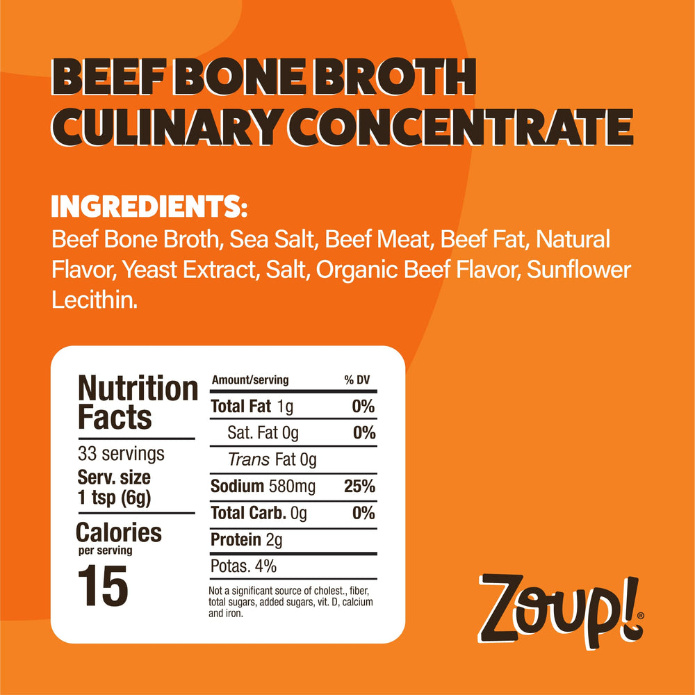 Zoup! Beef Bone Broth jar pouring, adds savory depth to dishes.