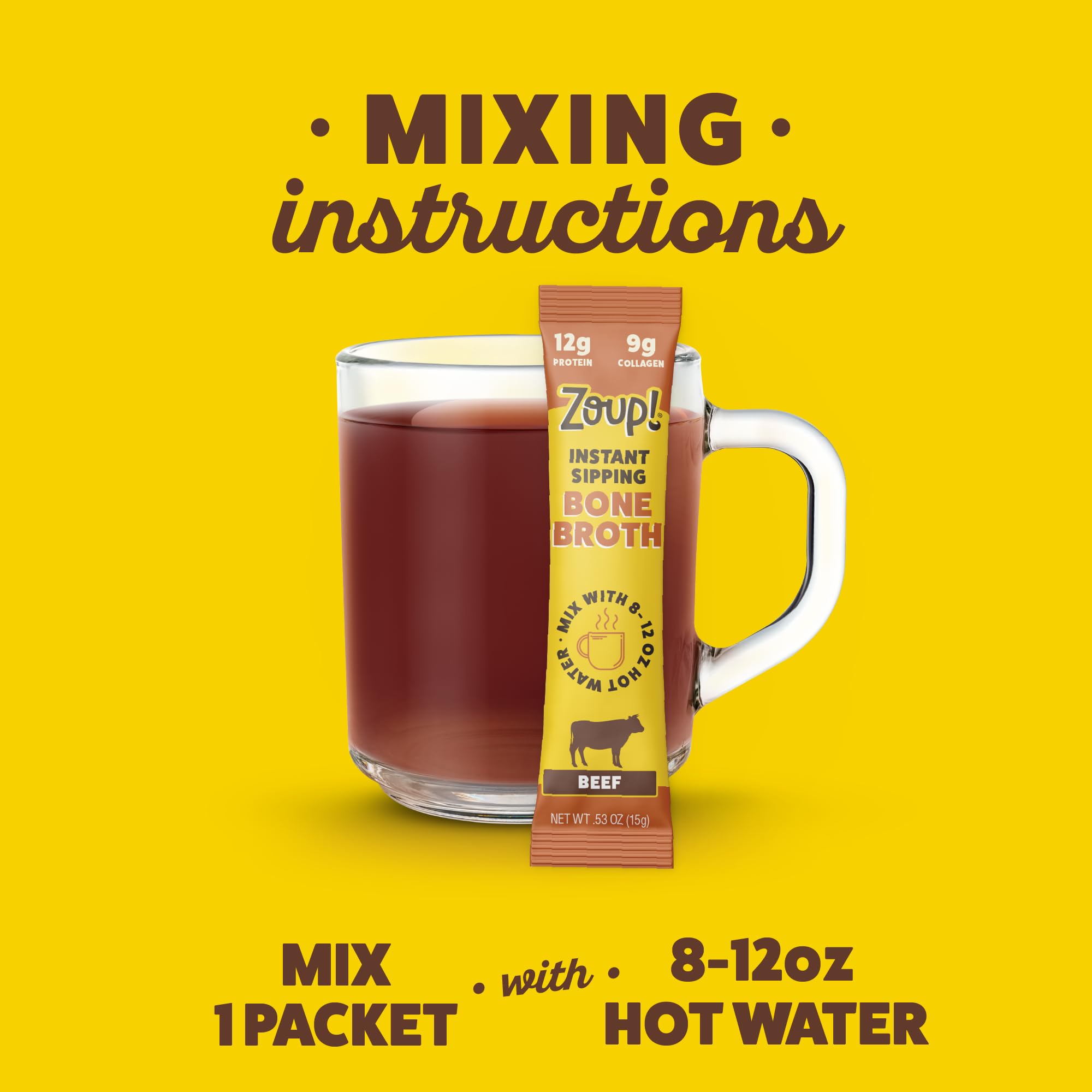 Zoup! beef flavor bone broth sachets offer savory satisfaction in a compact form.