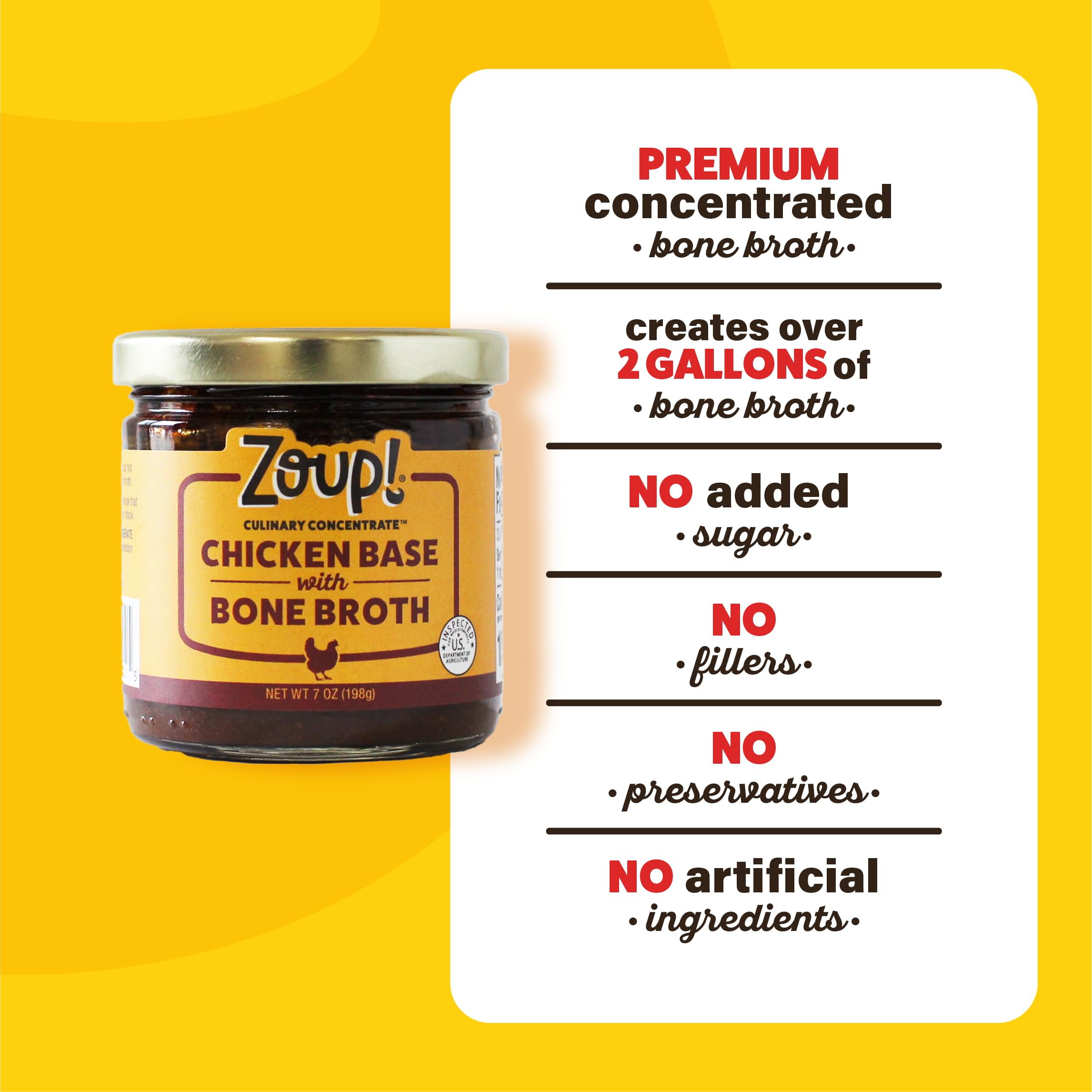 Zoup! label close-up emphasizing gluten-free and no artificial ingredients