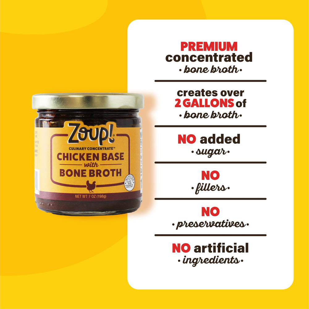 Zoup! chicken broth simmer pot image emphasizing high yield from one jar (34 cups).