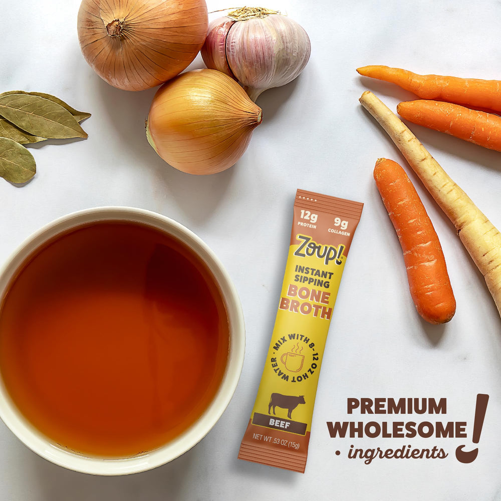 Pour hot water over Zoup! bone broth to create a quick warming cup.