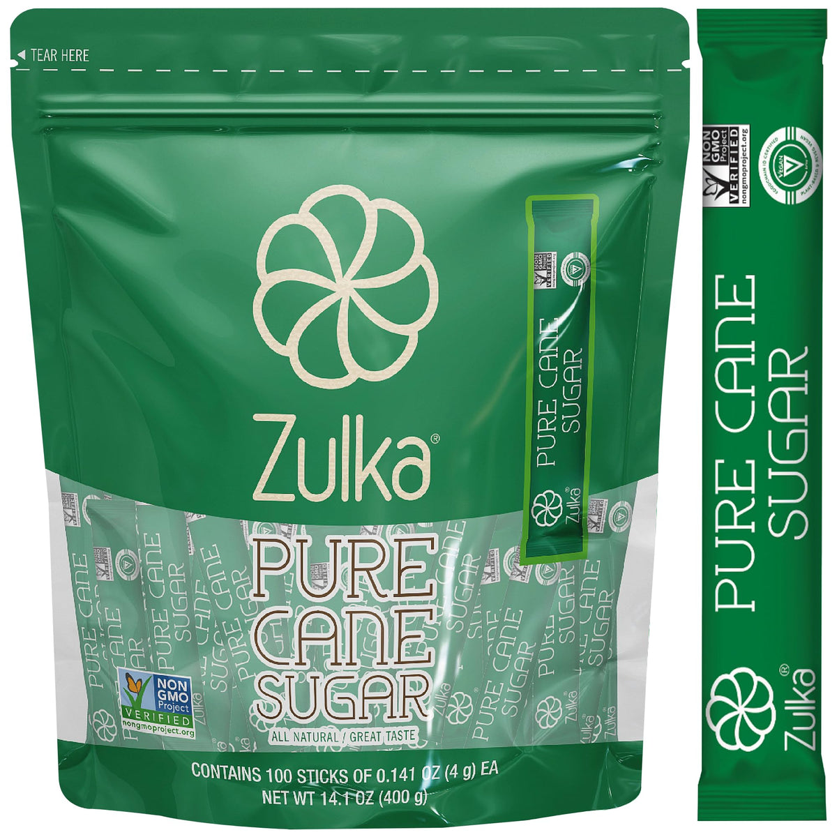 Zulka 100 sugar packets for coffee in individual wrappers for quick, mess-free sweetening.