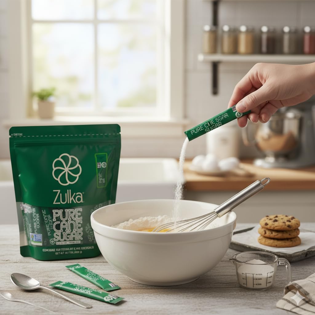 Zulka all-natural cane sugar packets for hot and cold beverages.
