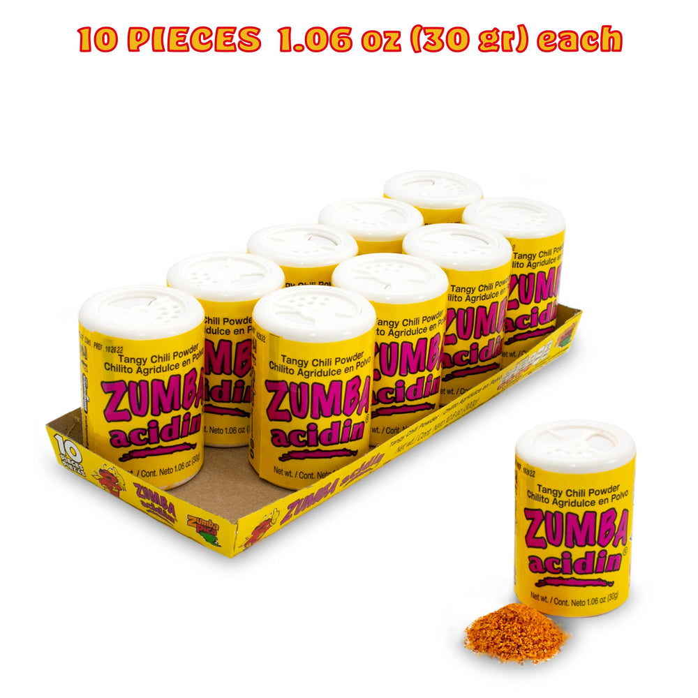 Zumba Pica Acidin chili powder dispense highlights easy sprinkling on fruits.