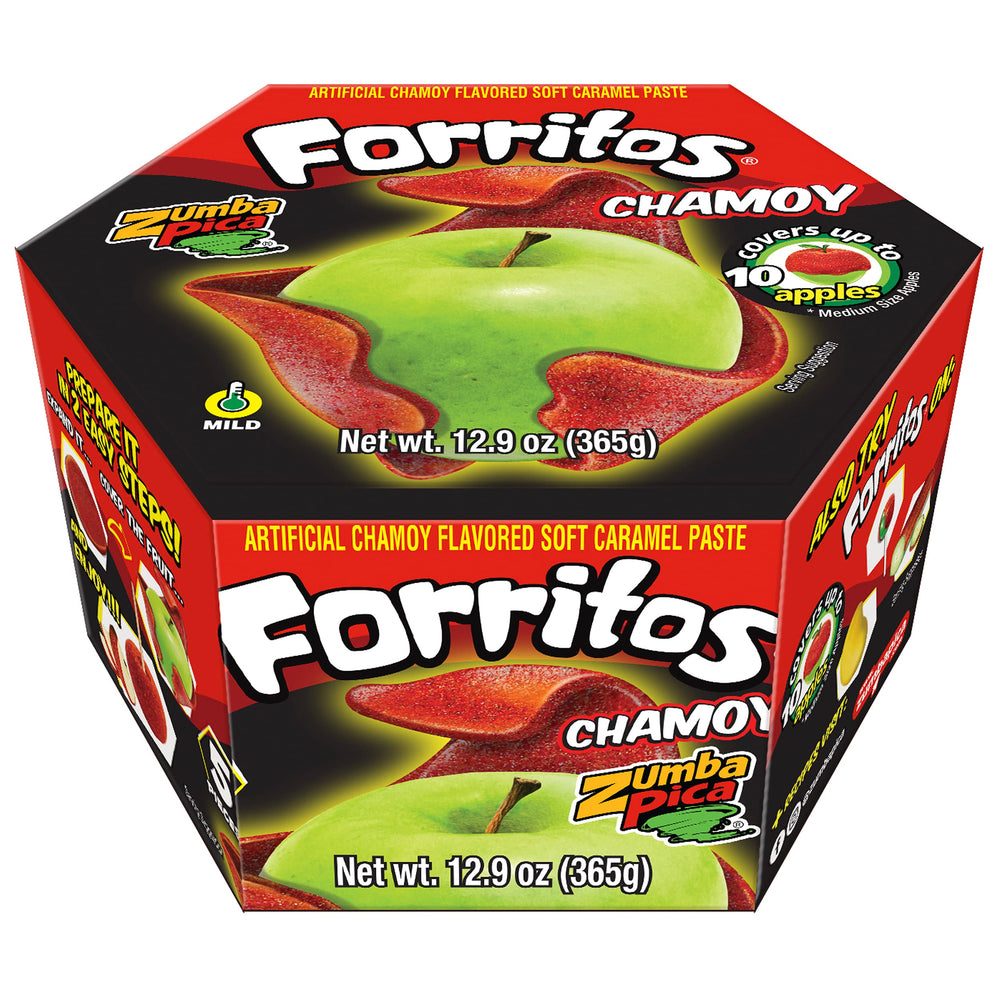 Zumba Pica Forritos Chamoy apple-wrap packaging with individually wrapped portions for freshness.