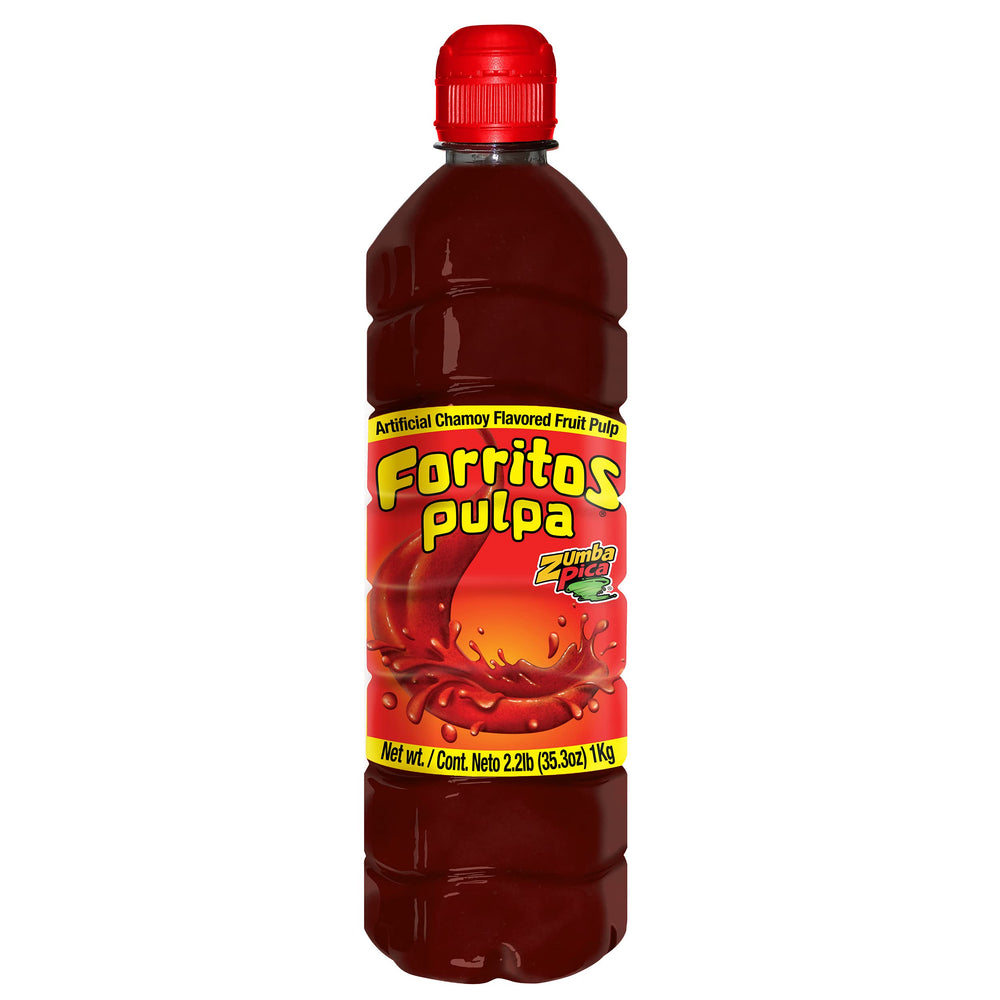 Zumba Pica Forritos Chamoy Sauce bottle pouring over fruit for bold flavor