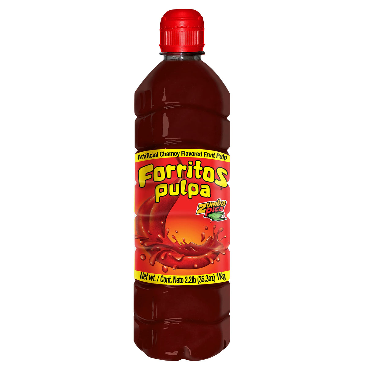 Zumba Pica Forritos Chamoy Sauce bottle pouring over fruit for bold flavor