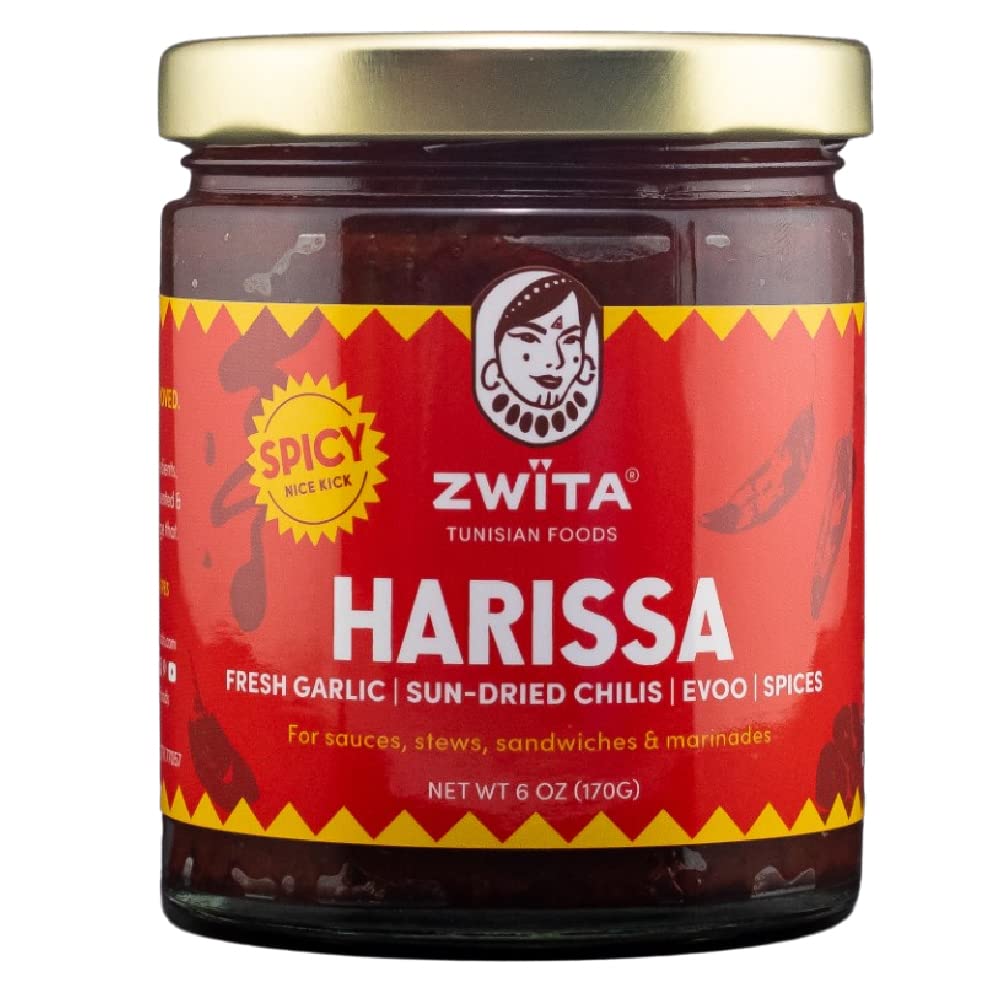 Zwita Spicy Harissa jar showing thick paste ideal for soups and stews.
