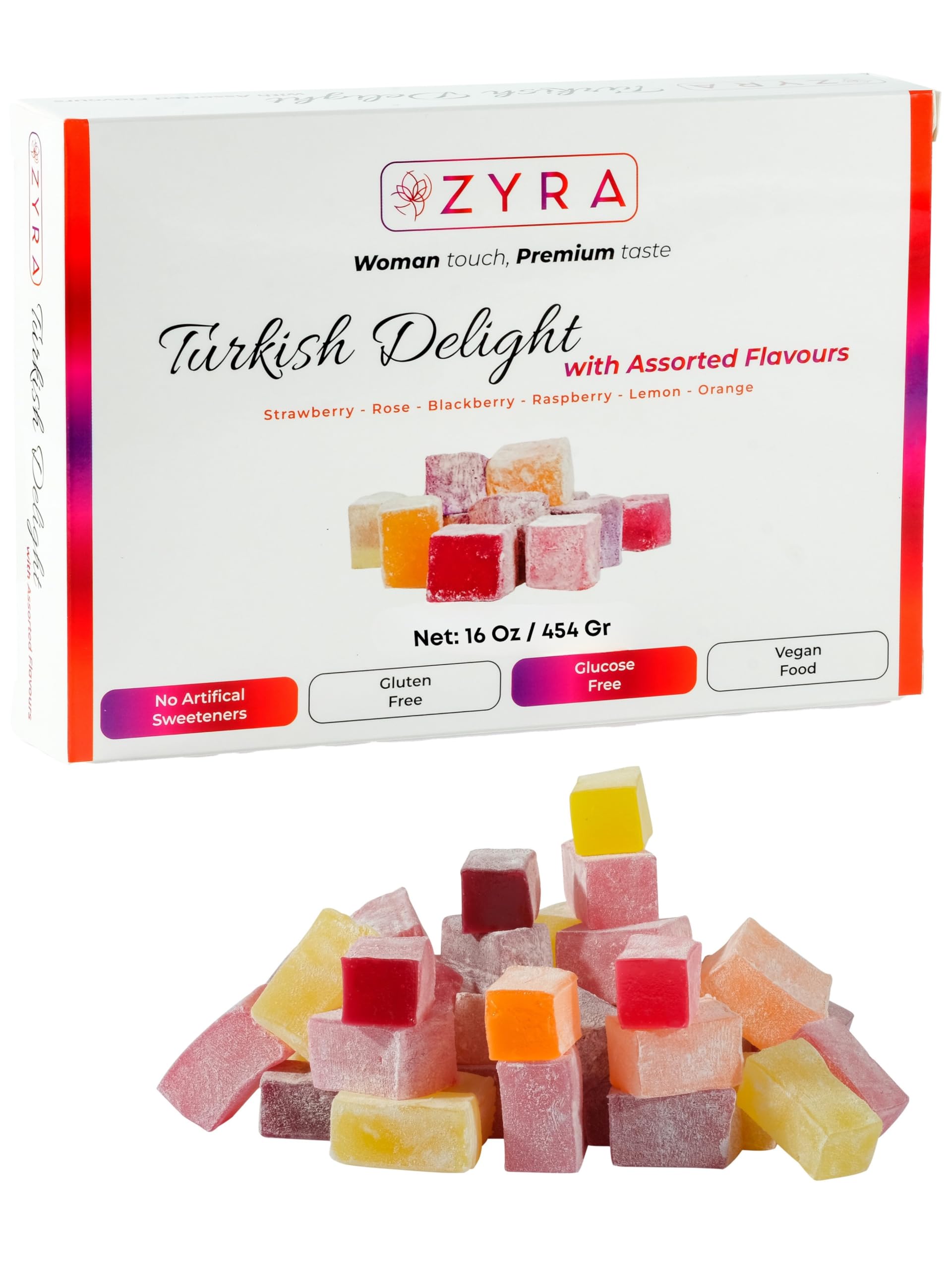 ZYRA Turkish Delight rose flavor pieces in a premium gift box for gifting